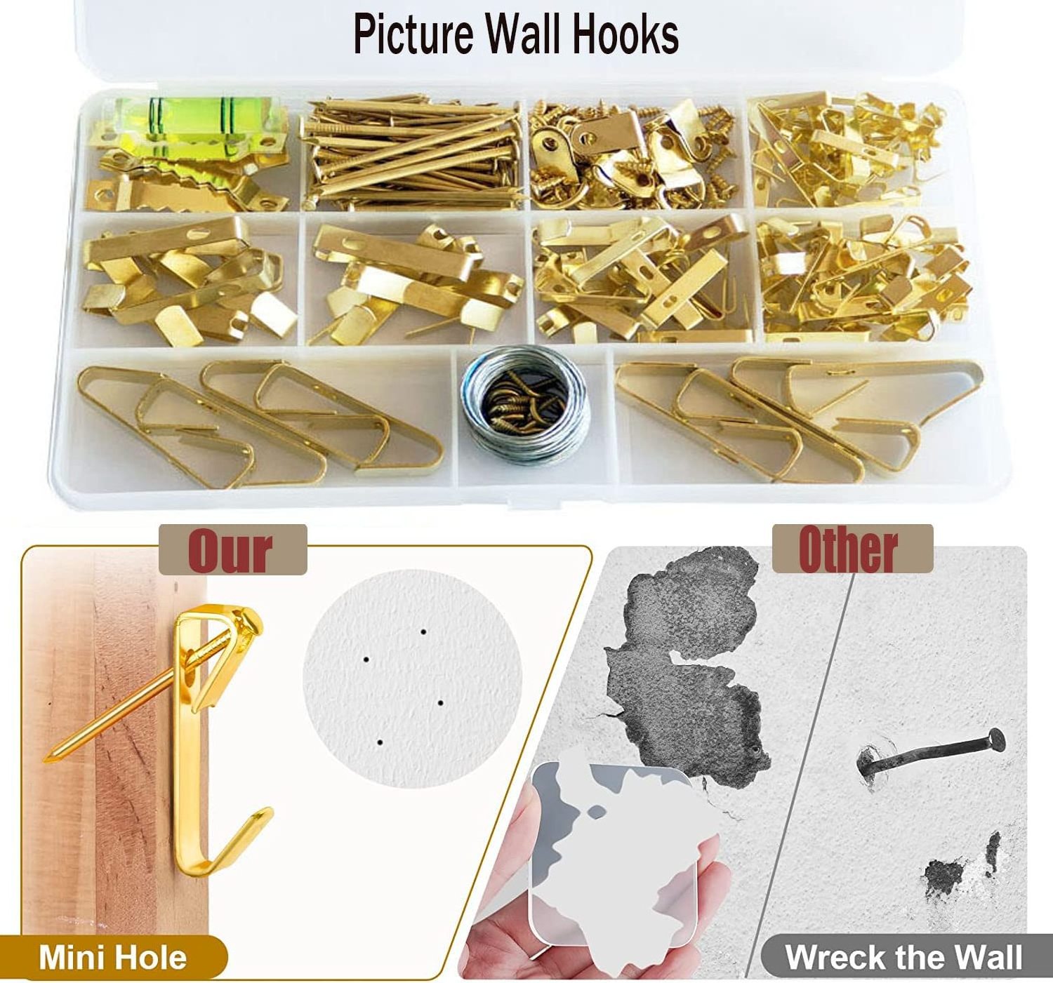 Picture Hanging Kit DIY Assortment with Wire Picture Hangers Hooks Nails and Hardware for Frames