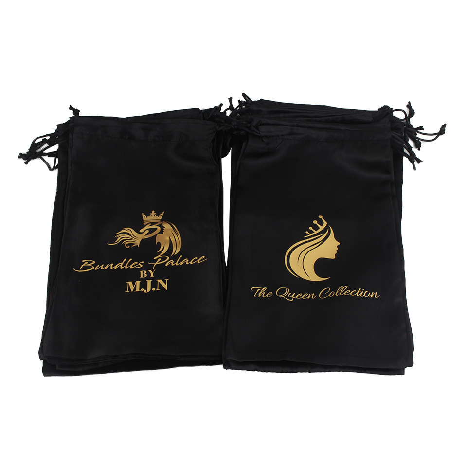 satin bags hair extension packaging design with custom brand company name logo printing