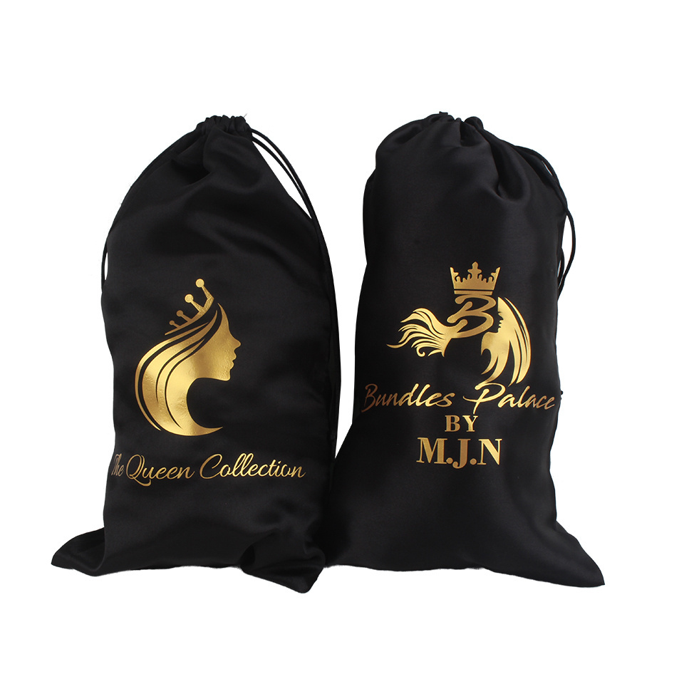 satin bags hair extension packaging design with custom brand company name logo printing