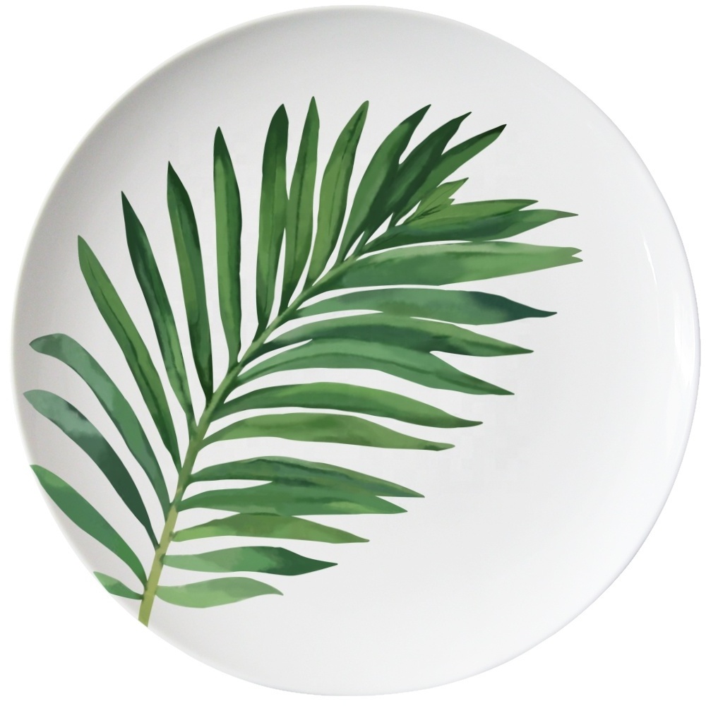 Simple and fresh style antique ceramic dinner plate with safe decal palm leaves green leaf design plate