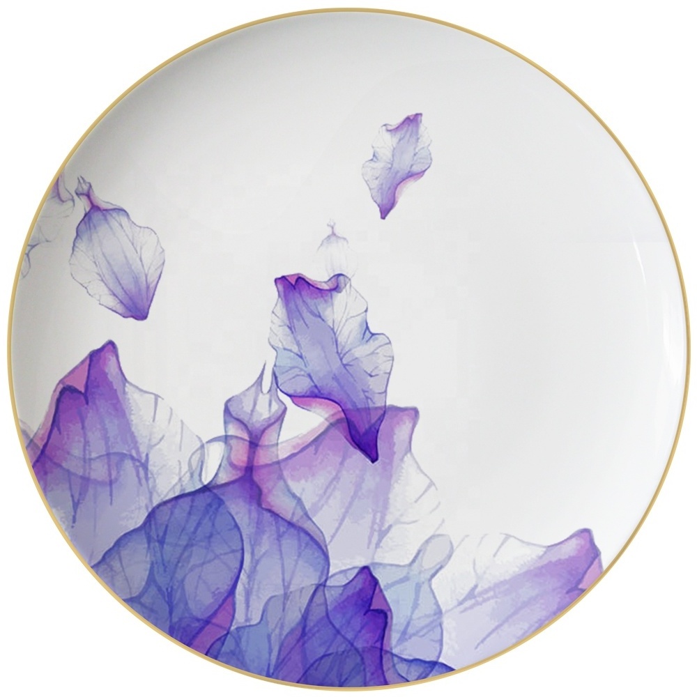 Decal white and purple charger plates wholesale ceramic wedding plates set with gold rim