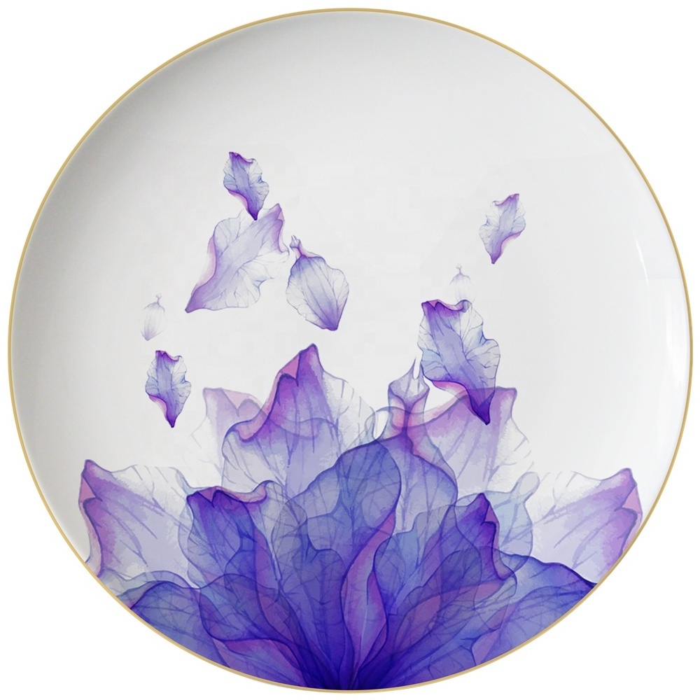 Decal white and purple charger plates wholesale ceramic wedding plates set with gold rim