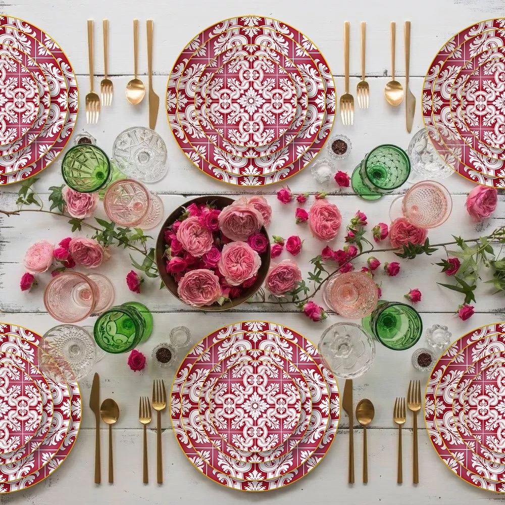 Wholesale chinese wedding dinnerware red and white plates luxury bone china dinner set modern printed ceramic plates