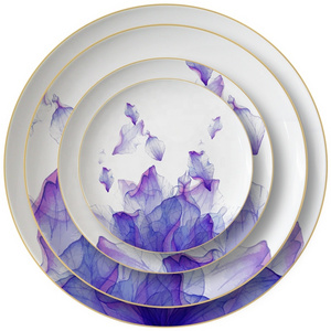 Decal white and purple charger plates wholesale ceramic wedding plates set with gold rim