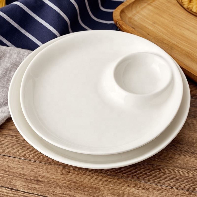 White round porcelain ceramic plates two compartments western style ceramic plates with sauce dish