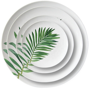 Simple and fresh style antique ceramic dinner plate with safe decal palm leaves green leaf design plate