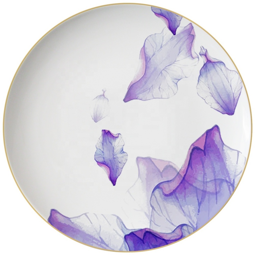 Decal white and purple charger plates wholesale ceramic wedding plates set with gold rim