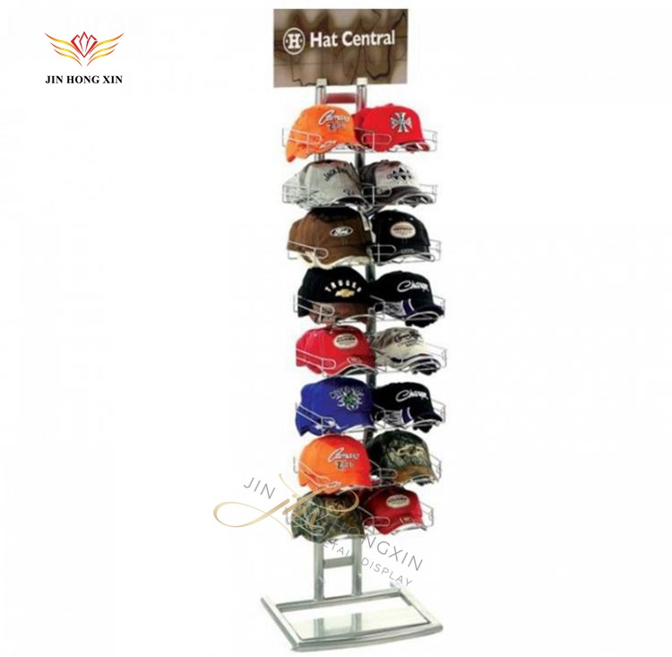 Custom made metal tree stand hooks steel rack with rotating wheels iron display shelf for hat