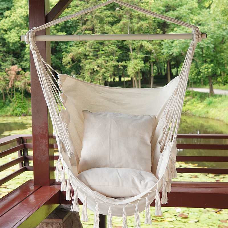 Hot Sell New Arrivals Indoor Outdoor Patio Yard Grey Hammock Chair With Pocket And Tassel Cotton Hanging Swing