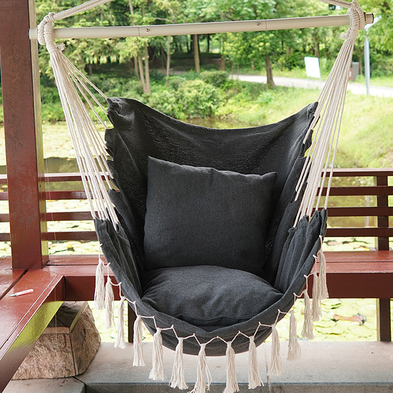 Hot Sell New Arrivals Indoor Outdoor Patio Yard Grey Hammock Chair With Pocket And Tassel Cotton Hanging Swing