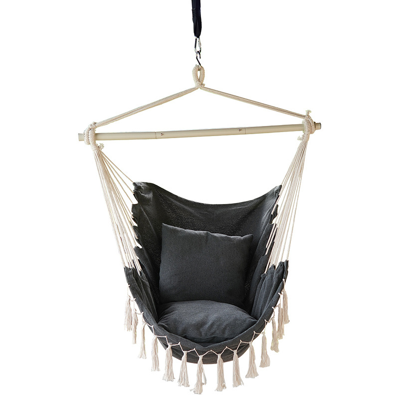 Hot Sell New Arrivals Indoor Outdoor Patio Yard Grey Hammock Chair With Pocket And Tassel Cotton Hanging Swing