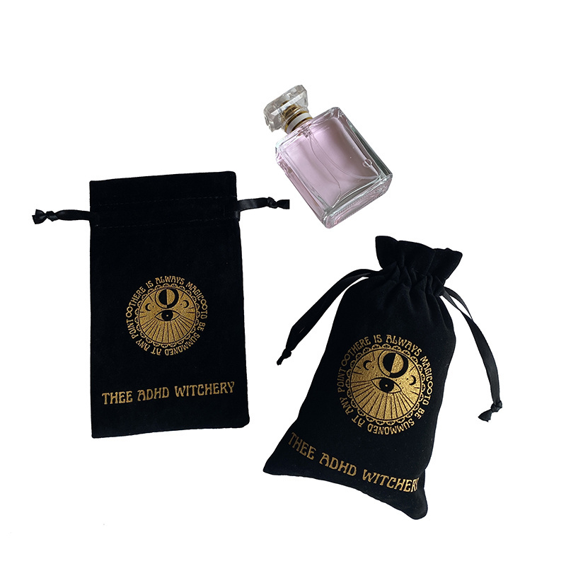 Custom Design Black Velvet Drawstring Perfume Bags For Packaging Cosmetics With Gold Logo