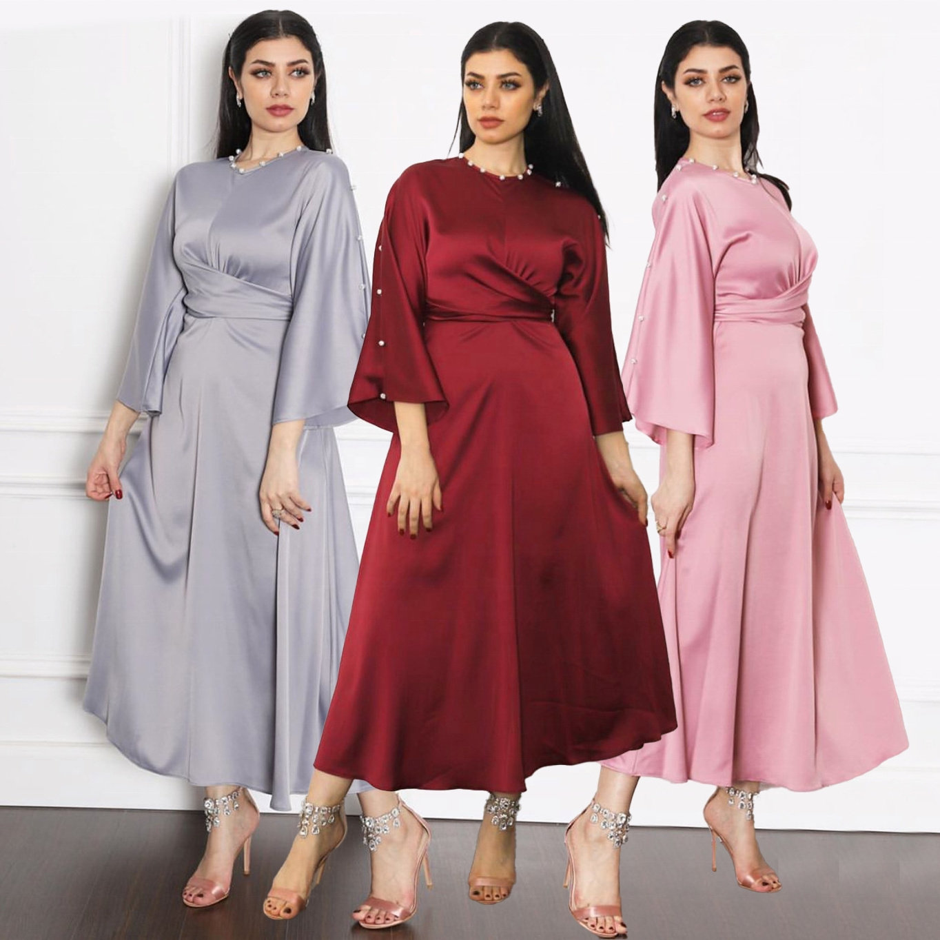 Latest Wholesale Dubai Fancy Elegant Mariage Islamic Evening Party Wedding Dresses Umbrella Muslim Women Dress Satin Abaya