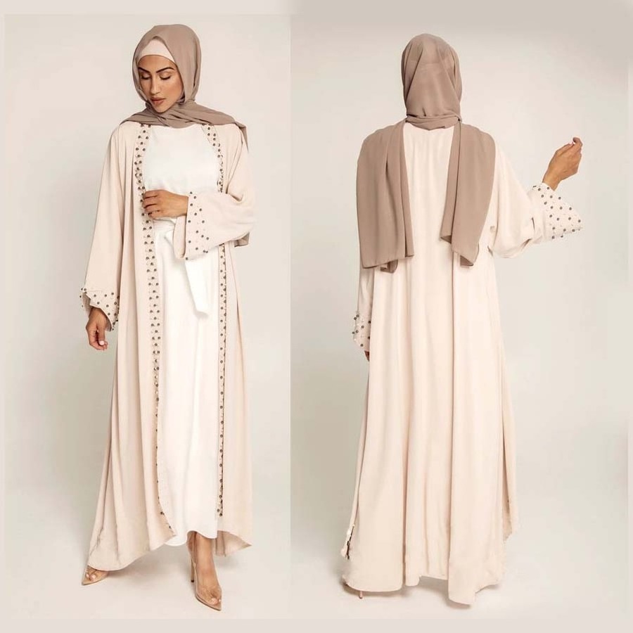 2024 Wholesale Latest Design EID Islamic Clothing Dubai Turkey Pearls Beaded White Abaya Women Muslim Dress Front Open Abaya