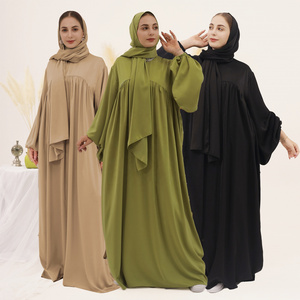 2024 Latest High Quality Dubai Modest Abaya Muslim Women Dress Puff Sleeve Velvet Satin Casual Abaya with Matching Hijab Set