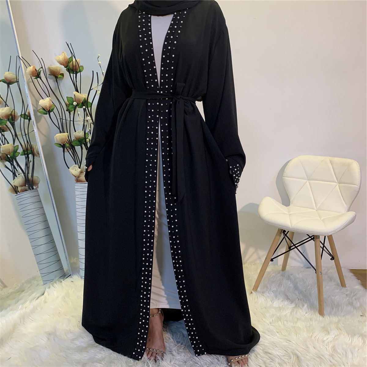 2024 Wholesale Latest Design EID Islamic Clothing Dubai Turkey Pearls Beaded White Abaya Women Muslim Dress Front Open Abaya