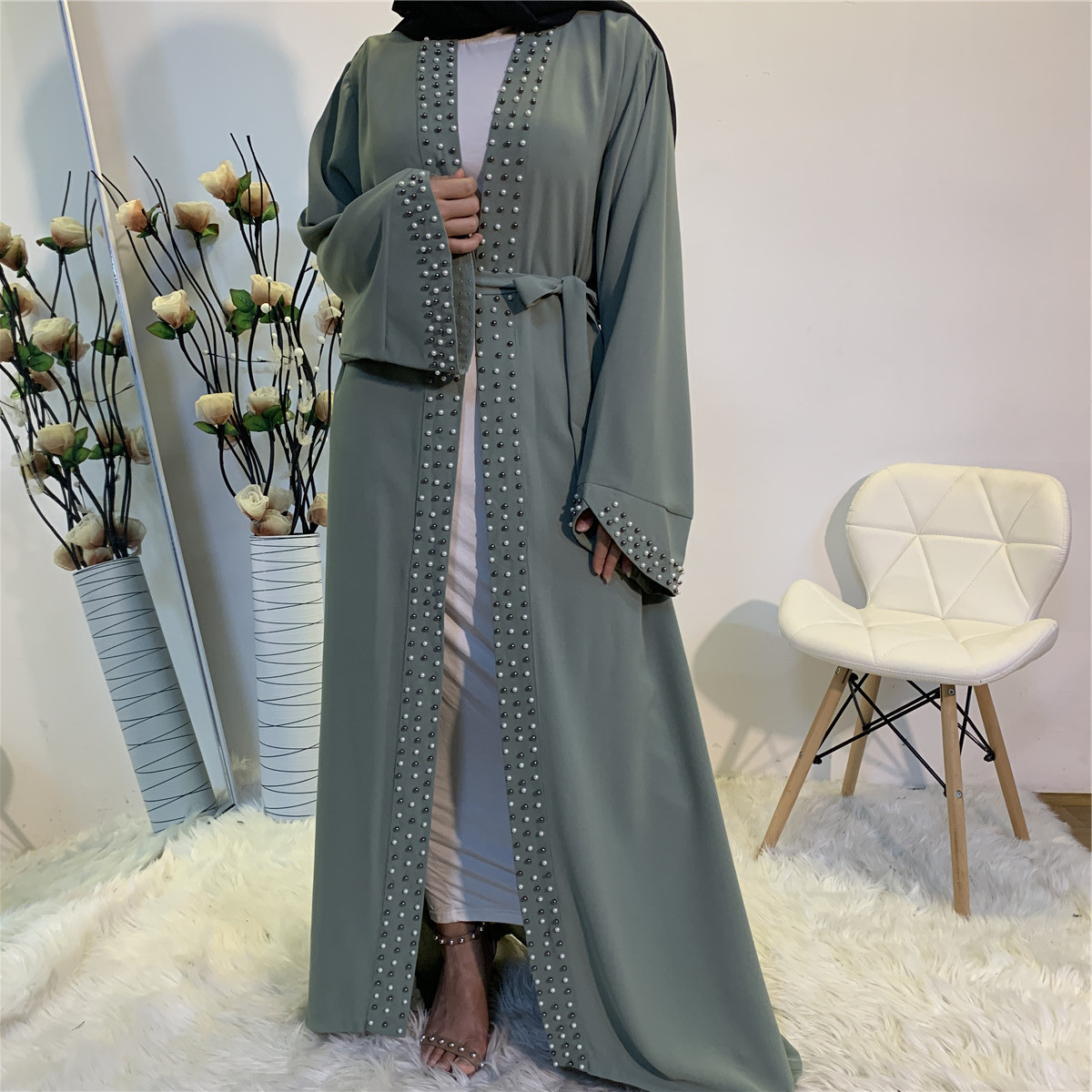 2024 Wholesale Latest Design EID Islamic Clothing Dubai Turkey Pearls Beaded White Abaya Women Muslim Dress Front Open Abaya