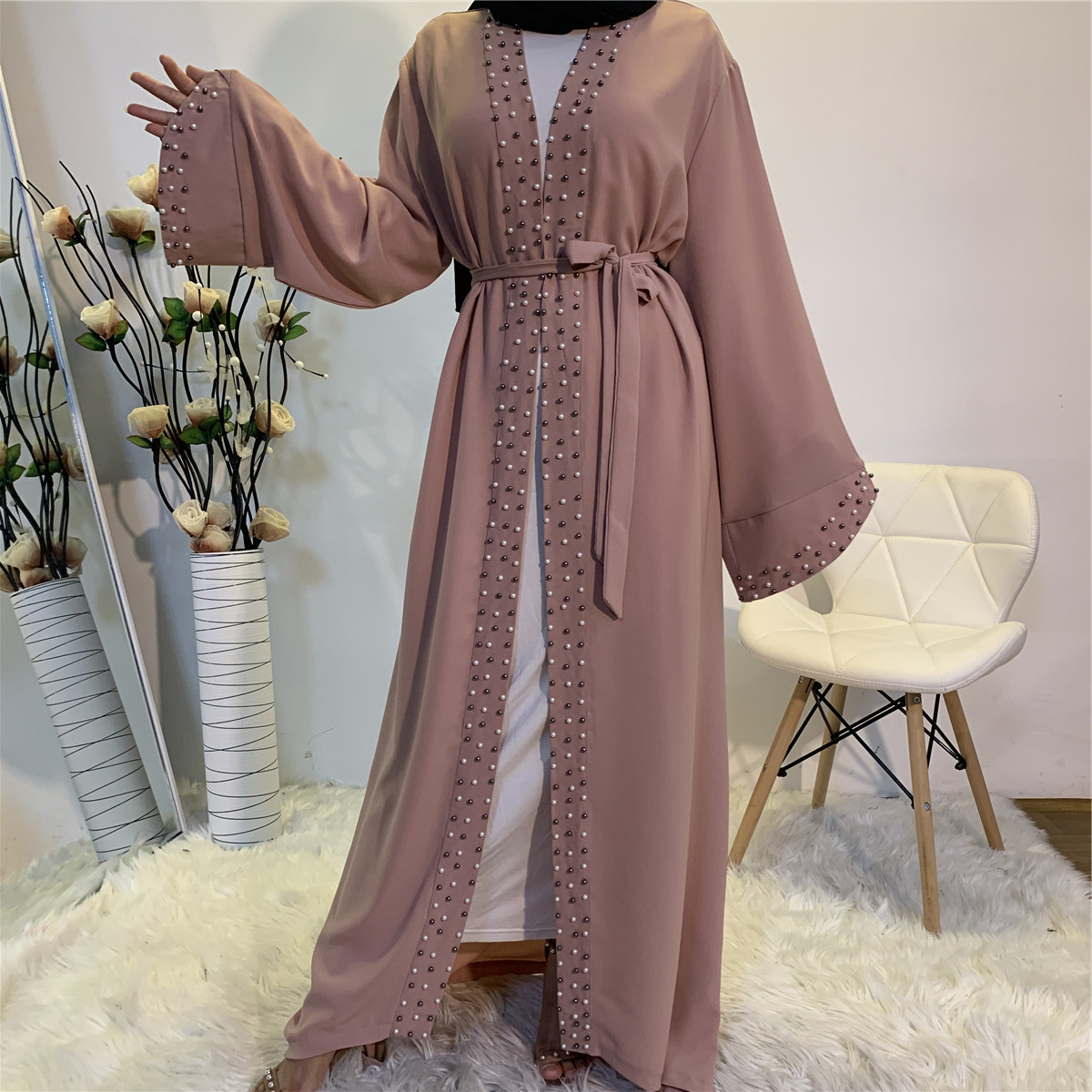 2024 Wholesale Latest Design EID Islamic Clothing Dubai Turkey Pearls Beaded White Abaya Women Muslim Dress Front Open Abaya