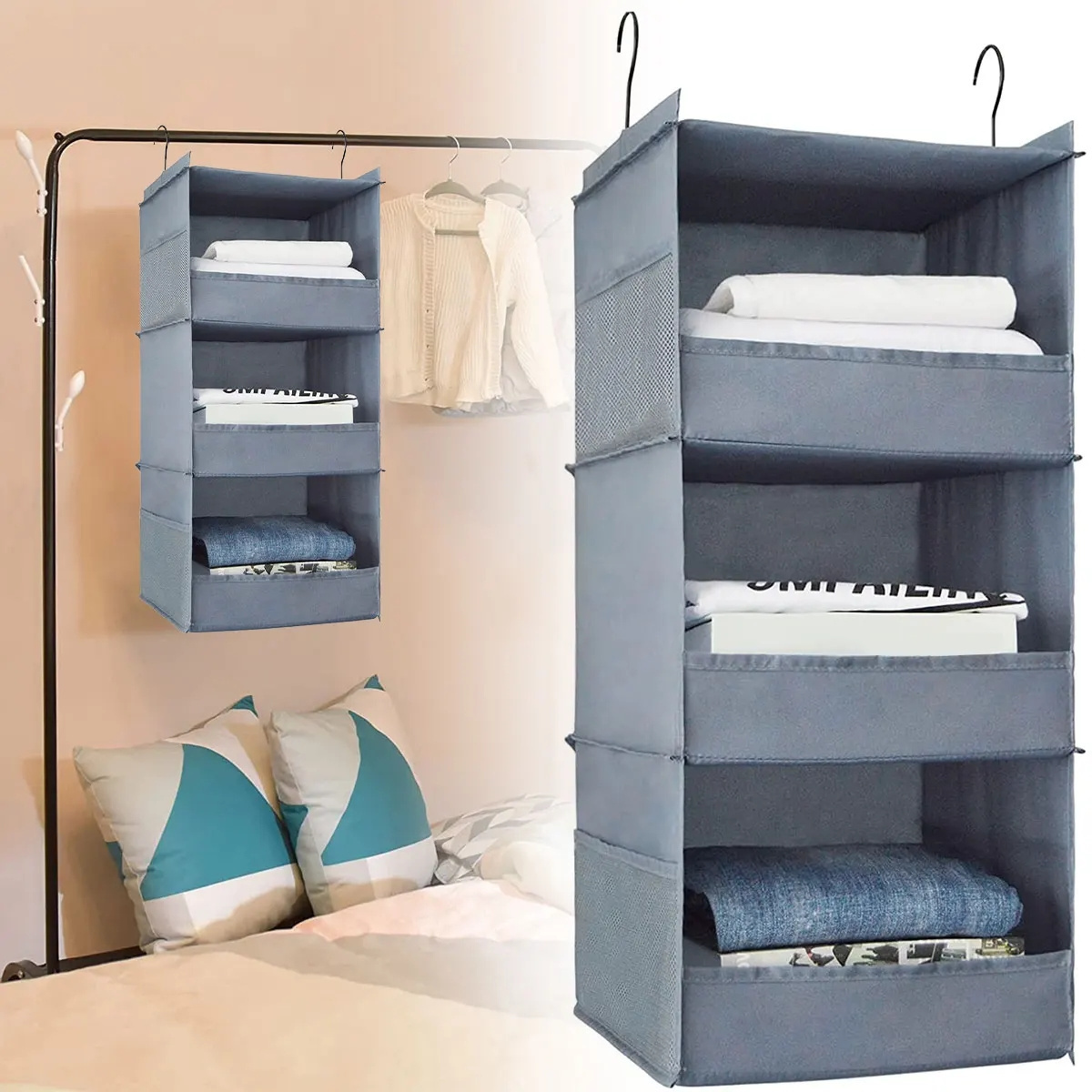 3/4 Tier Hanging Wardrobe Organizer Collapsible Closet Hanging Shelves with Side Pocket Sturdy Durable Hanging Closet Organizers