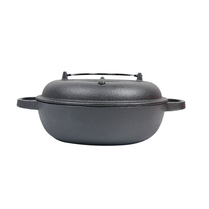 new design Chinese style cast iron fry pot with cover for baking sweet potato and peanut roasting pot garden cooking camping OEM