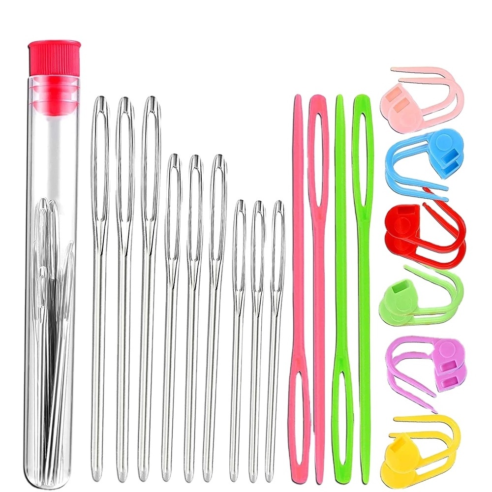 26Pcs Sewing Knitting Kits Large Eye Blunt Yarn Needles & Plastic Weaving Needles & Crochet Locking Counter Stitch Markers Tools