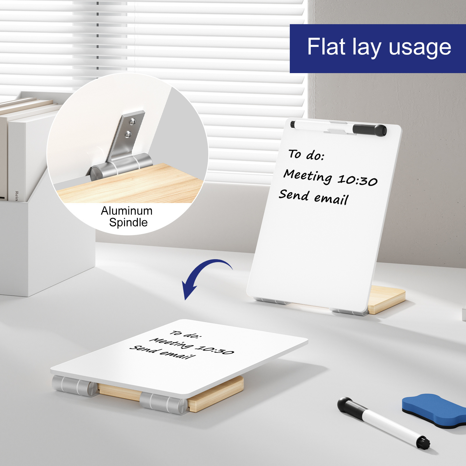 Desktop Whiteboard with Wooden Stand, Small Dry Erase Board for Home Office, Reusable Writing Pad with 1 Markers and Eraser