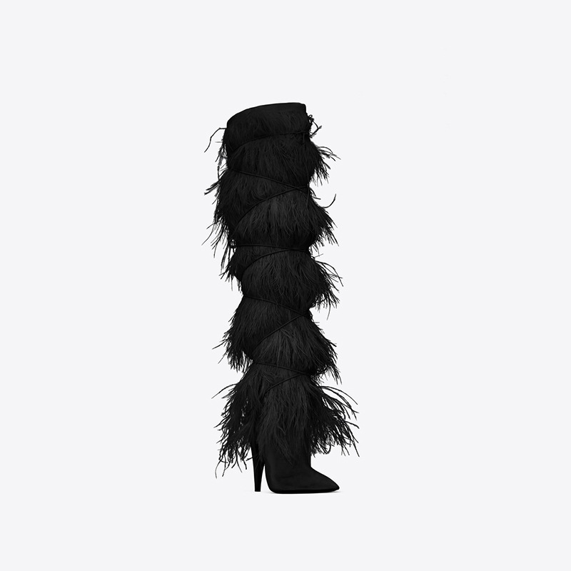 2021 autumn and winter women catwalk nightclub feather boots sexy ostrich hair high heels