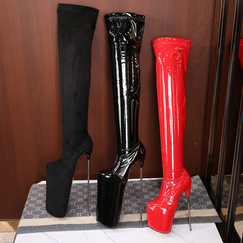 Winter new style black metal 30cm stiletto super high heel boots over the knee long stretch boots plus size 50 women boots