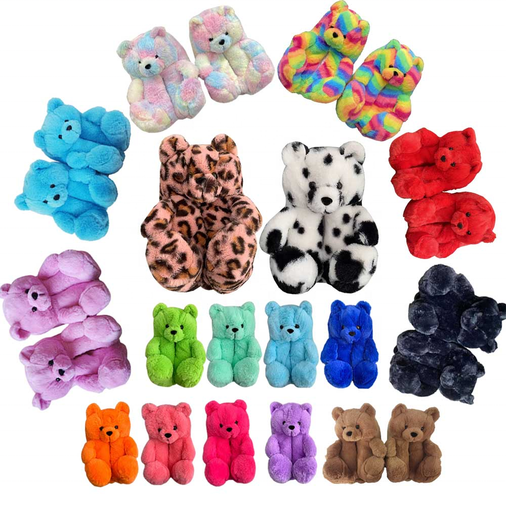 Drop shipping in stock high quality teddy bear slippers indoor and outdoor ladies non-slip bear plush slippers