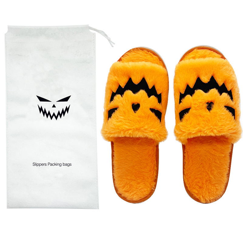 Fall Slippers Halloween Pumpkin Pattern Slippers Soft Plush Comfortable Open Toe Outer Wear Plush Slippers