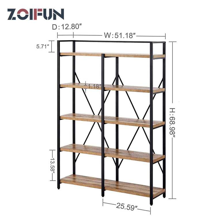 Bookshelf metal frame and wooden home luxury furniture five rows height modern decoration bookshelf