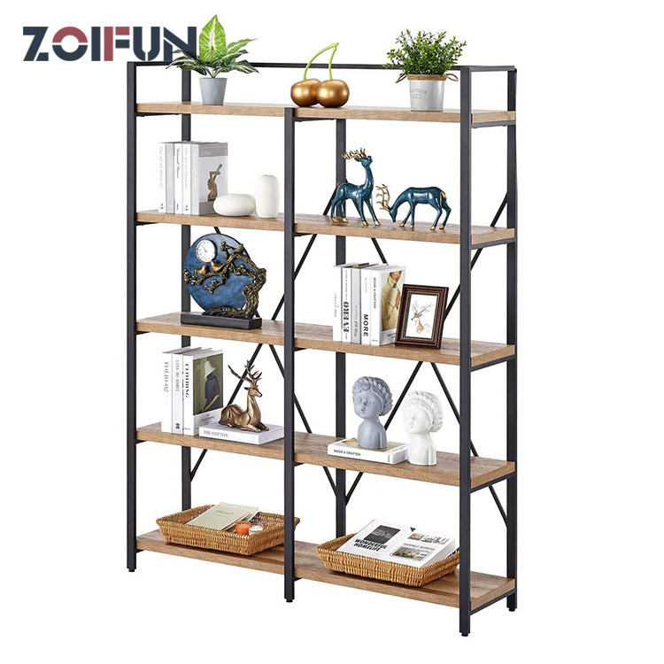 Bookshelf metal frame and wooden home luxury furniture five rows height modern decoration bookshelf