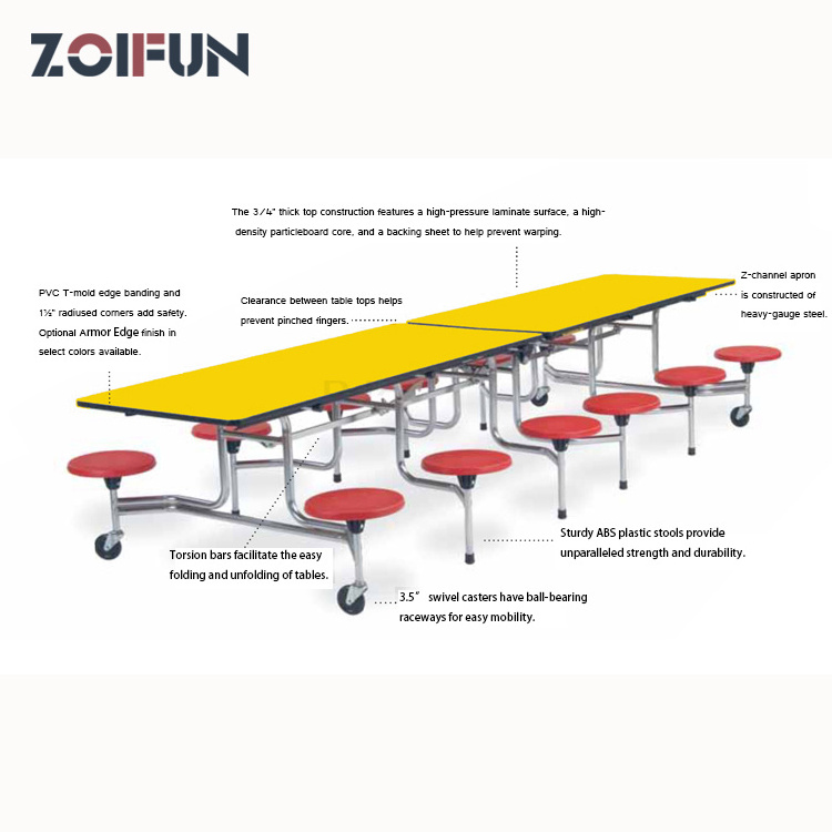 ZOIFUN Wholesale Canteen Furniture Plastic 12 Seats Rectangle Foldable Wooden Dining Cafeteria Canteen Table and Chair