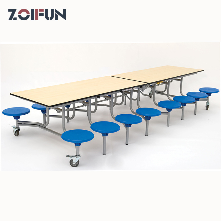 ZOIFUN Wholesale Canteen Furniture Plastic 12 Seats Rectangle Foldable Wooden Dining Cafeteria Canteen Table and Chair