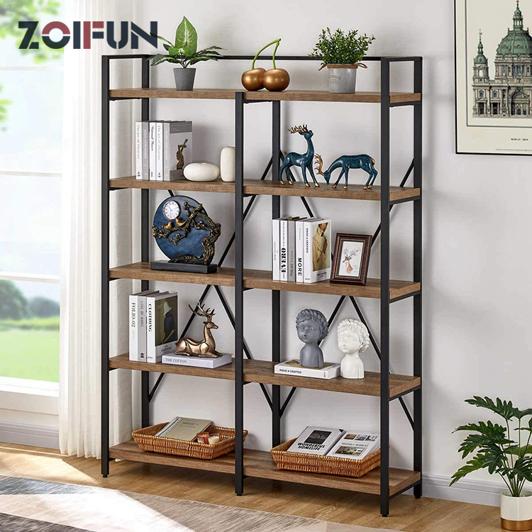 Bookshelf metal frame and wooden home luxury furniture five rows height modern decoration bookshelf