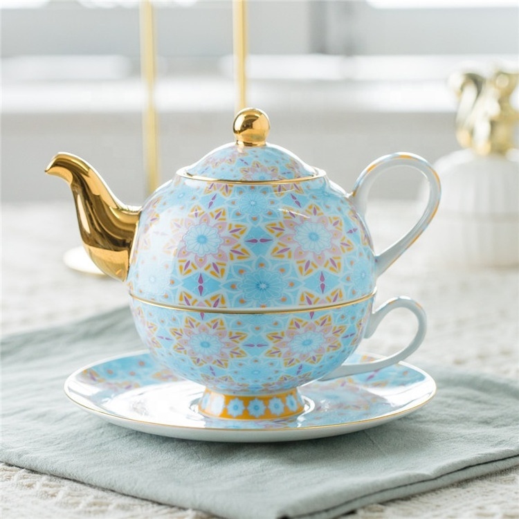 Hotelware Full Decal Design Floral Teapot Cup Sacuer Set Fine Bone China Turkish Tea Pot for One Set