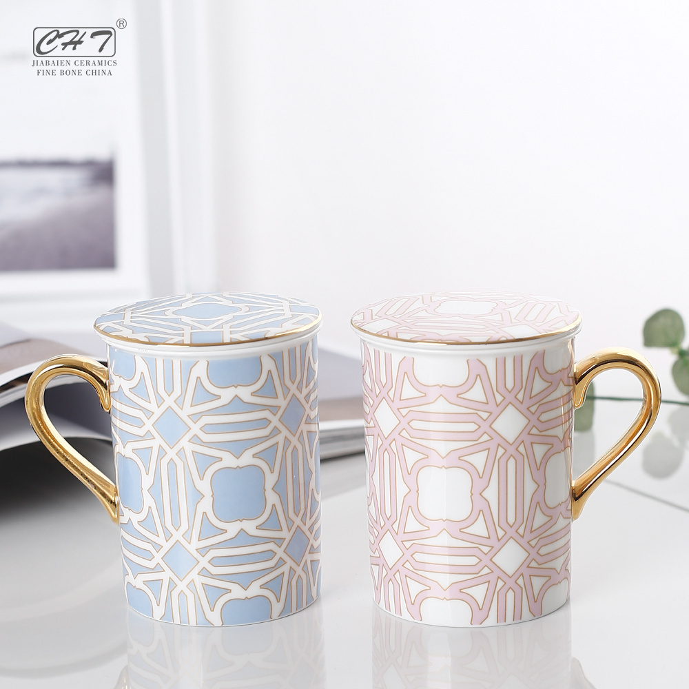 microwavable travel high end  school royal fine english bone china ceramic mug with gold rim  handle costom logo tea cup filter