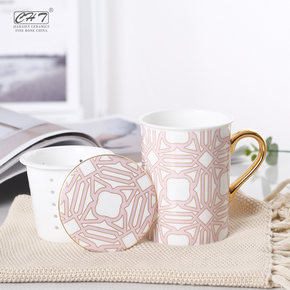 microwavable travel high end  school royal fine english bone china ceramic mug with gold rim  handle costom logo tea cup filter