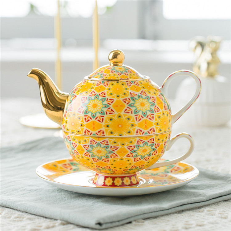 Hotelware Full Decal Design Floral Teapot Cup Sacuer Set Fine Bone China Turkish Tea Pot for One Set