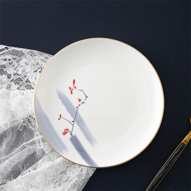 Hot sale decal printed plum blossom pattern gold rim restaurant ceramic dinner plate for gift