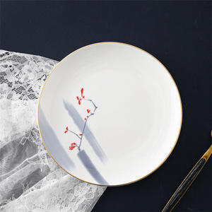 Hot sale decal printed plum blossom pattern gold rim restaurant ceramic dinner plate for gift