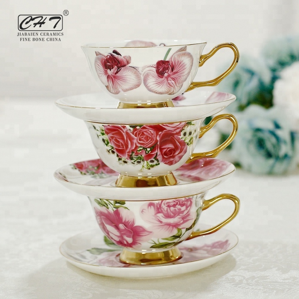 Fine bone china decorative wholesale floral tea cups and saucers with popular design