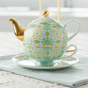 Hotelware Full Decal Design Floral Teapot Cup Sacuer Set Fine Bone China Turkish Tea Pot for One Set