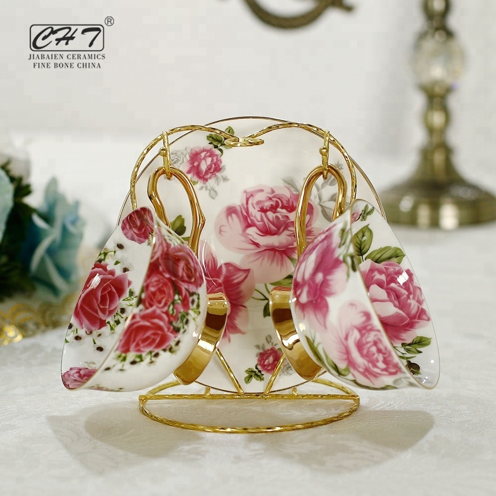 Fine bone china decorative wholesale floral tea cups and saucers with popular design