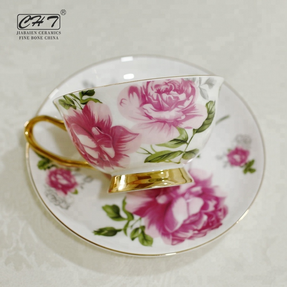 Fine bone china decorative wholesale floral tea cups and saucers with popular design