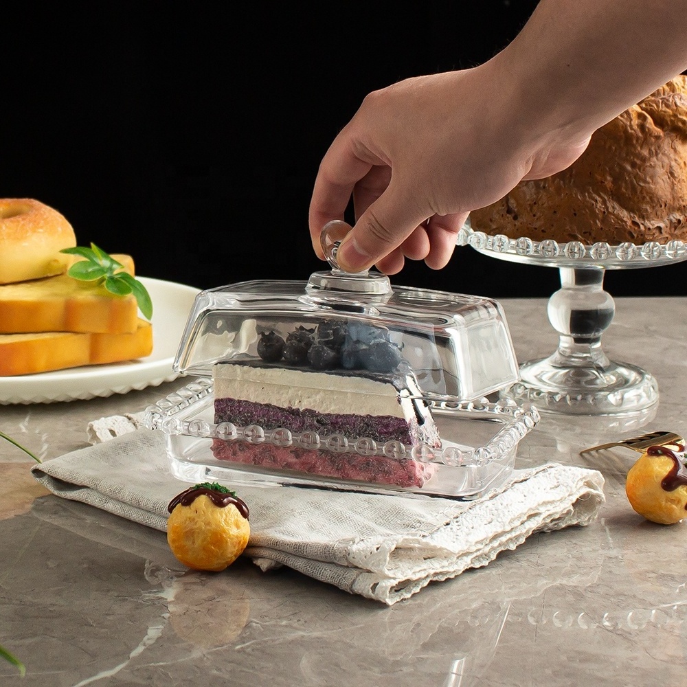 Multifunction Cheese Dish Cake Cover and Tray Clear Glass Butter Dish with Handle Lid