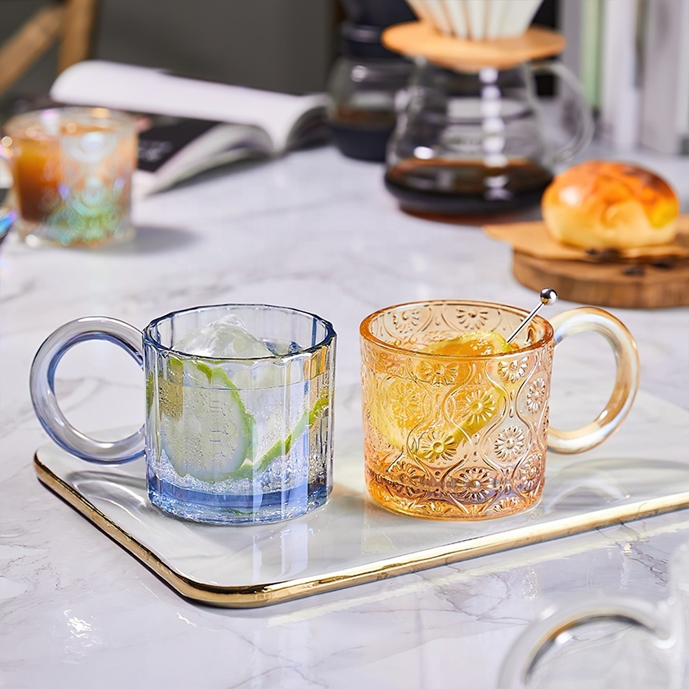 Vintage Begonia Embossed Mug Ribbed Drinking Glasses 8.5oz Big Ear Handle Glass Cup