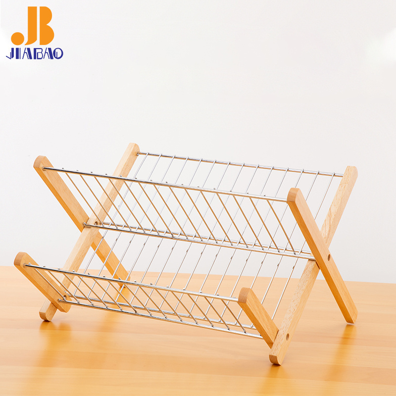 Foldable kitchen Utensil Knife Fork Holder 2 tier storage dish drying dryer drainer rack wooden wire dish rack