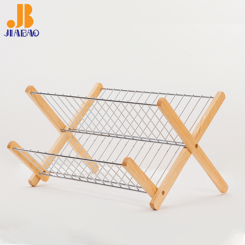 Foldable kitchen Utensil Knife Fork Holder 2 tier storage dish drying dryer drainer rack wooden wire dish rack