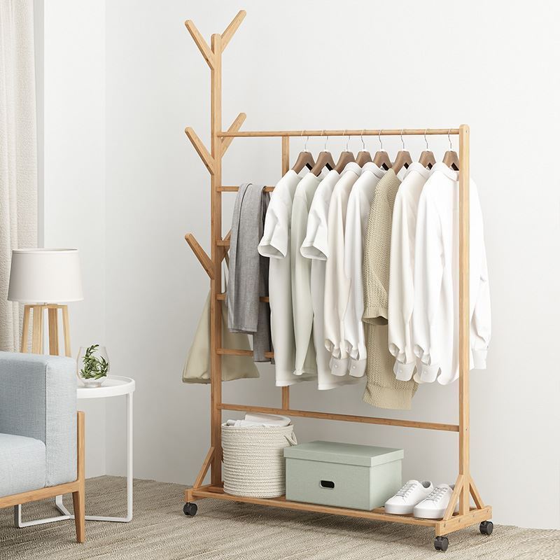 Vertical coat and hat rack with branch and cross bar Wood Clothes Racks